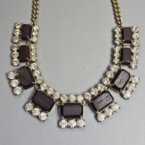 Ann Taylor Wood & Rhinestone Statement Necklace Bib Collar Goldtone Vintage